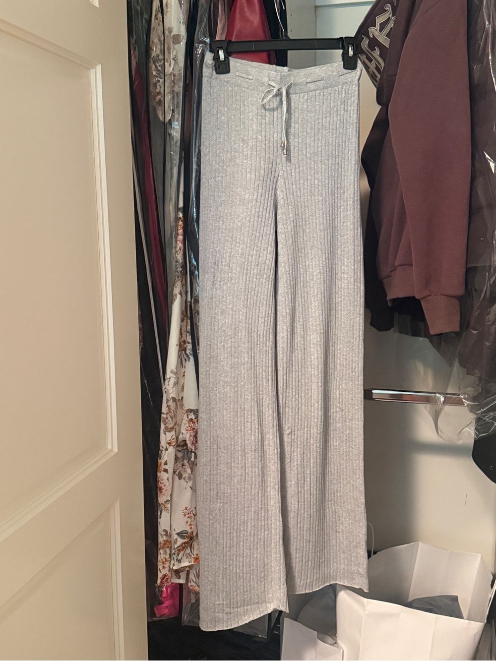 Cozy Ribbed Drawstring Wide-Leg Pants - Light Gray